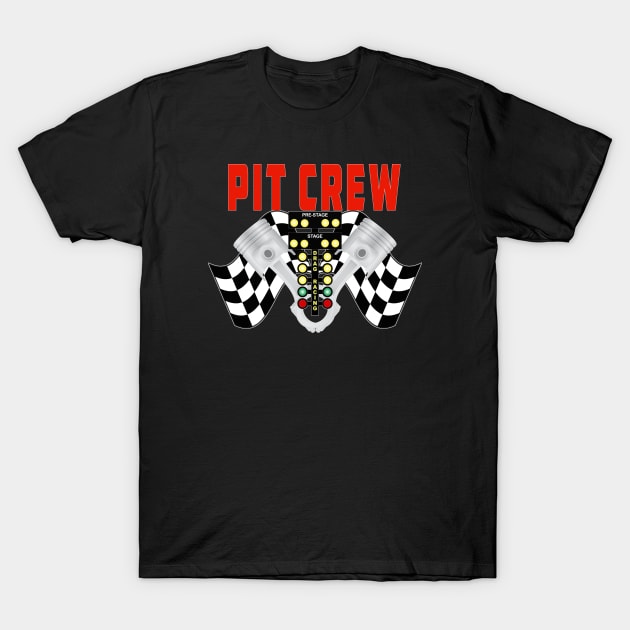 Pit Crew with Racing Flag Racing Tree and Pistons T-Shirt by Rosemarie Guieb Designs